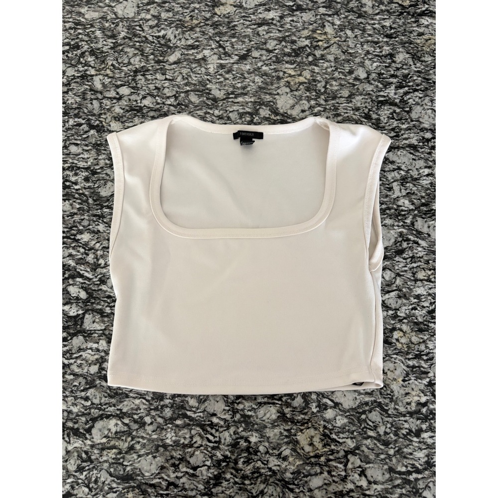 Forever 21 White Ribbed Scoop Neck Cropped Tank Top XL